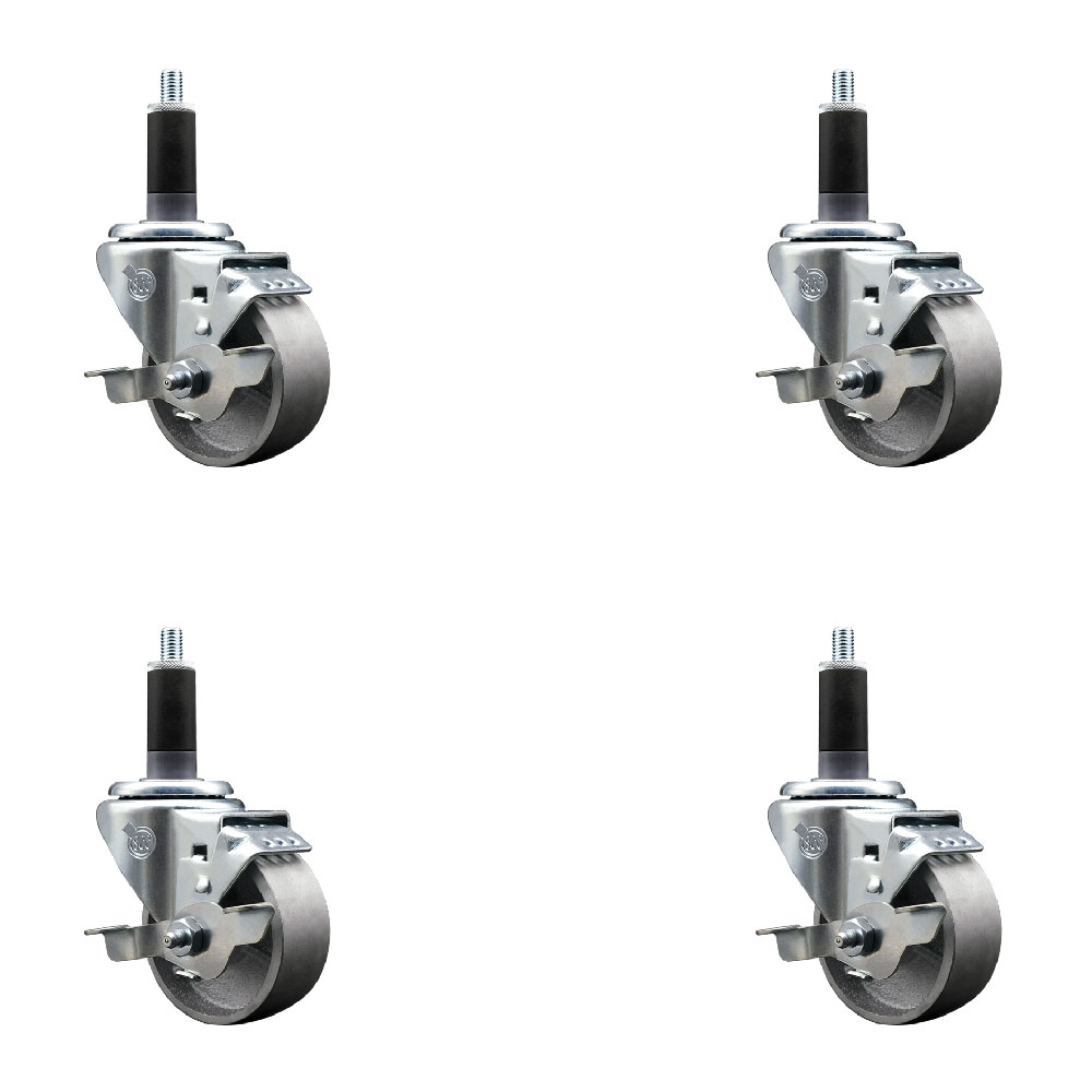 Semi Steel Cast Iron Swivel Expanding Stem Caster Set of 4 with Roller Bearings - 3" x 1.5" Silver Wheels and 1-1/8" Stems - 4 with Top Lock Brakes - 1200 lbs Total Capacity - Service Caster Brand — photo 1