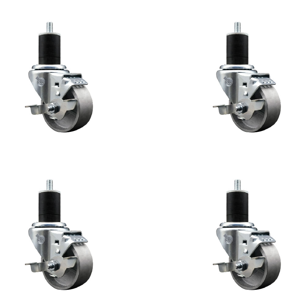Semi Steel Cast Iron Swivel Expanding Stem Caster Set of 4 with Roller Bearings - 3" x 1.5" Silver Wheels and 1-3/4" Stems - 4 with Top Lock Brakes - 1200 lbs Total Capacity - Service Caster Brand — photo 1