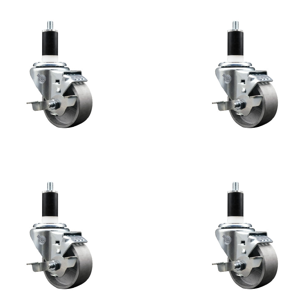 Semi Steel Cast Iron Swivel Expanding Stem Caster Set of 4 with Roller Bearings - 3" x 1.5" Silver Wheels and 1-3/8" Stems - 4 with Top Lock Brakes - 1200 lbs Total Capacity - Service Caster Brand — photo 1