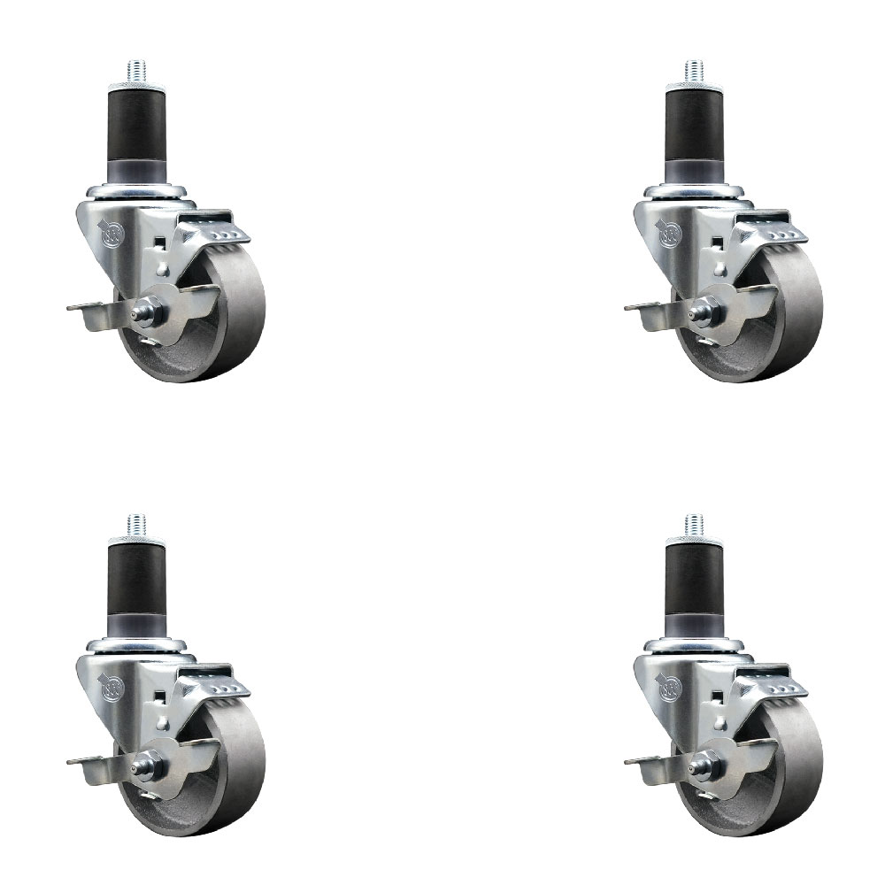 Semi Steel Cast Iron Swivel Expanding Stem Caster Set of 4 with Roller Bearings - 3" x 1.5" Silver Wheels and 1-5/8" Stems - 4 with Top Lock Brakes - 1200 lbs Total Capacity - Service Caster Brand — photo 1