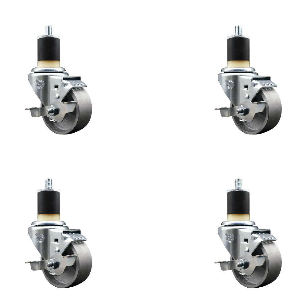 Semi Steel Cast Iron Swivel Expanding Stem Caster Set of 4 with Roller Bearings - 3" x 1.5" Silver Wheels and 1-7/8" Stems - 4 with Top Lock Brakes - 1200 lbs Total Capacity - Service Caster Brand — photo 1