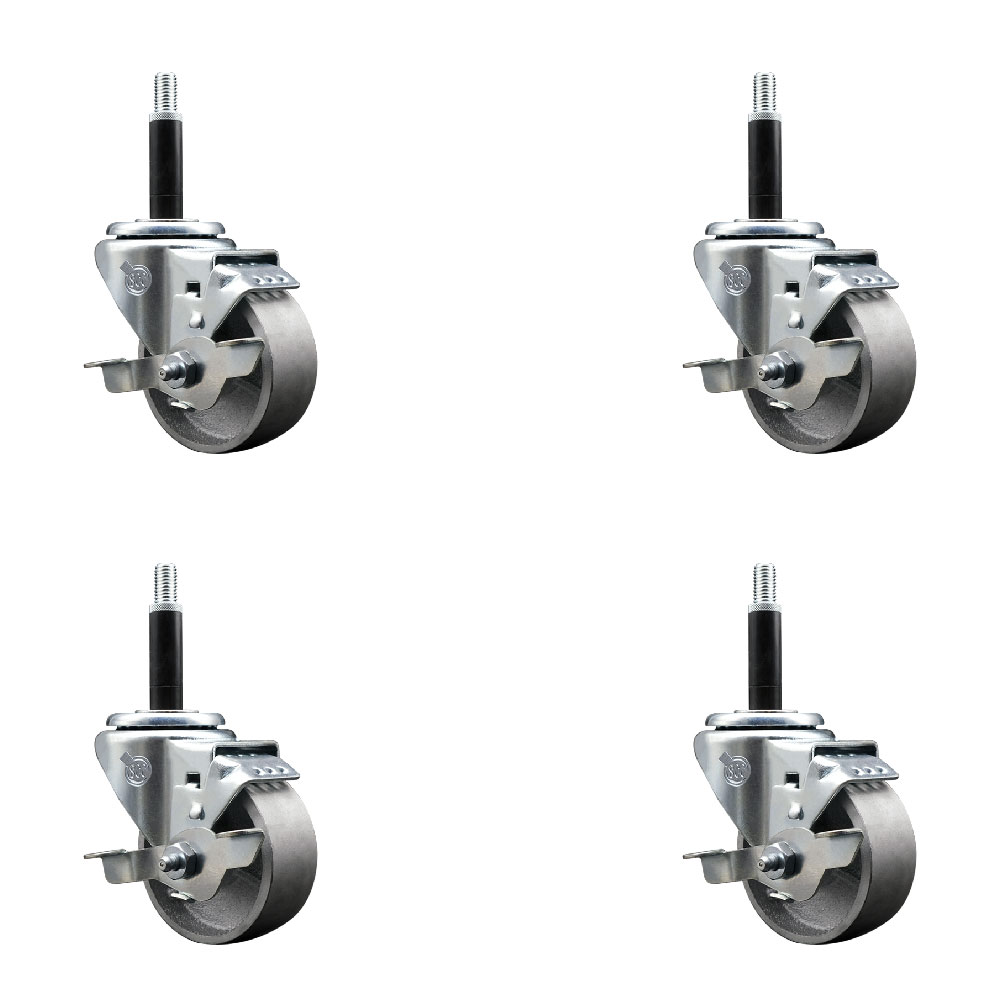 Semi Steel Cast Iron Swivel Expanding Stem Caster Set of 4 with 3 Inch Silver Wheels and 3/4" Stems - Includes 4 Swivel with Top Locking Brakes - 300 lbs. Capacity Per Caster - Service Caster Brand — photo 1