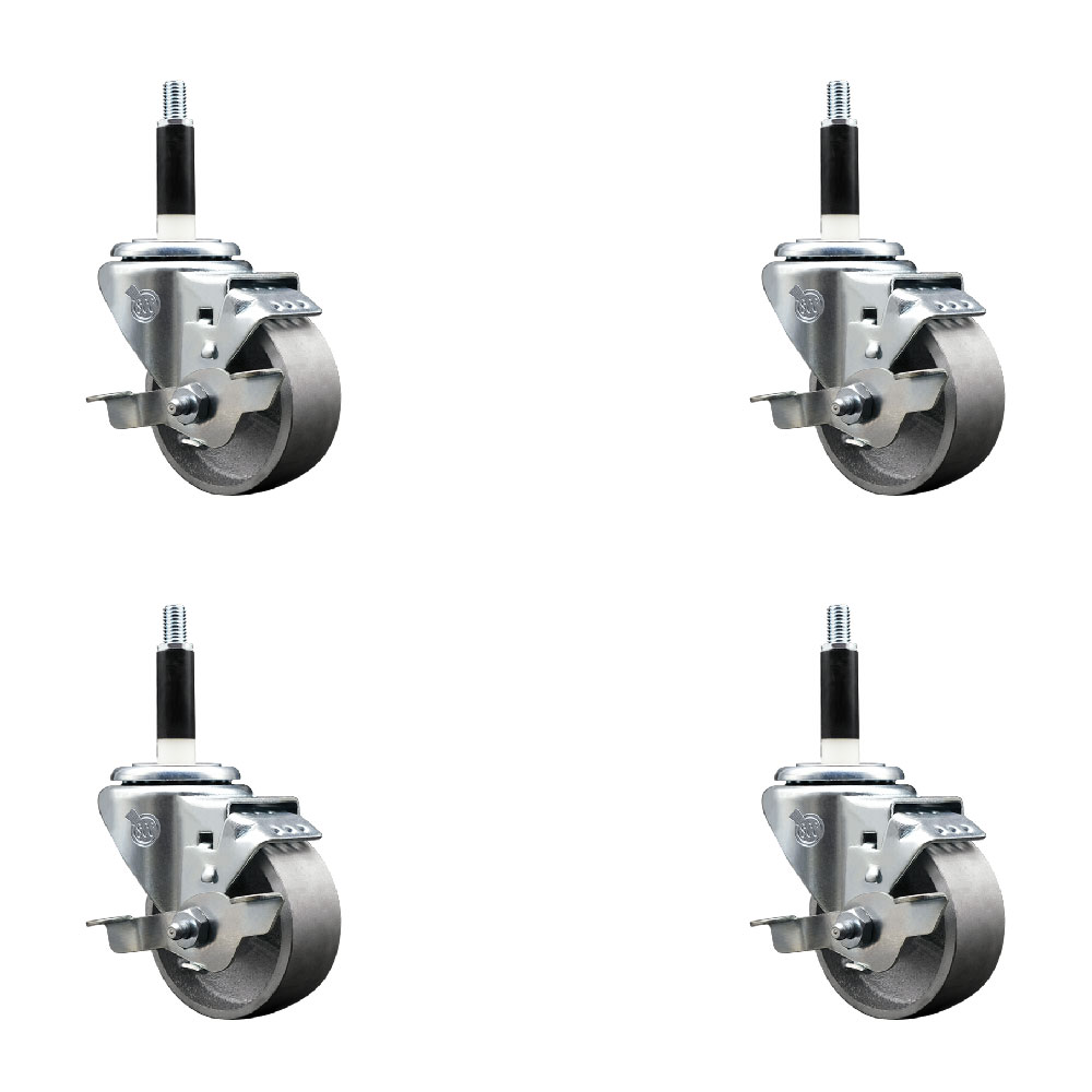 Semi Steel Cast Iron Swivel Expanding Stem Caster Set of 4 with Roller Bearings - 3" x 1.5" Silver Wheels and 7/8" Stems - 4 with Top Lock Brakes - 1200 lbs Total Capacity - Service Caster Brand — photo 1