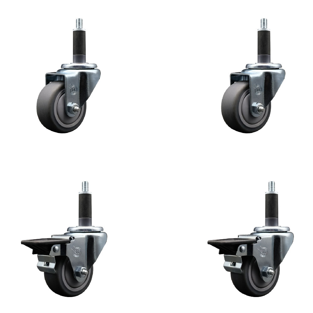 Thermoplastic Rubber Swivel Expanding Stem Caster Set of 4 with 3 Inch Gray Wheels and 1" Stems - Includes 2 with Posi Locking Brakes - 840 lbs Total Capacity - Service Caster Brand — photo 1