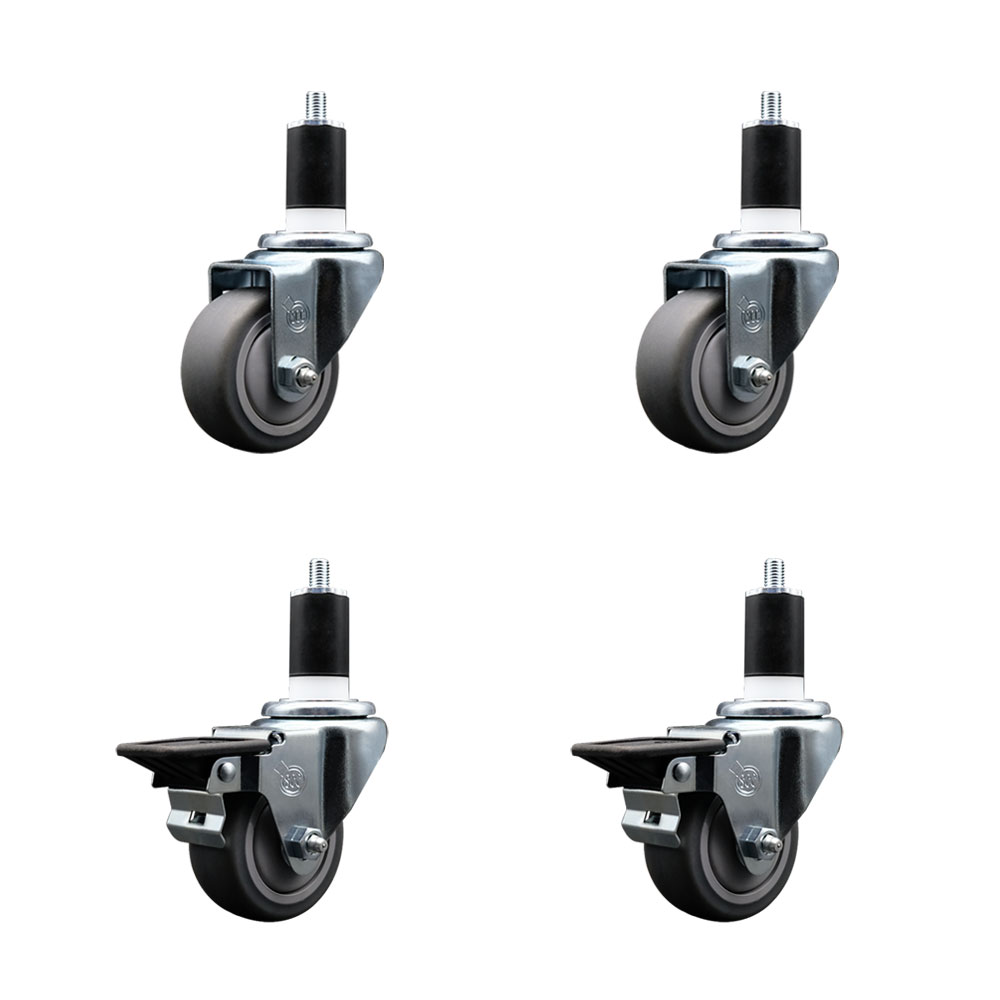 Thermoplastic Rubber Swivel Expanding Stem Caster Set of 4 with 3 Inch Gray Wheels and 1-1/2" Stems - Includes 2 with Posi Locking Brakes - 840 lbs Total Capacity - Service Caster Brand — photo 1