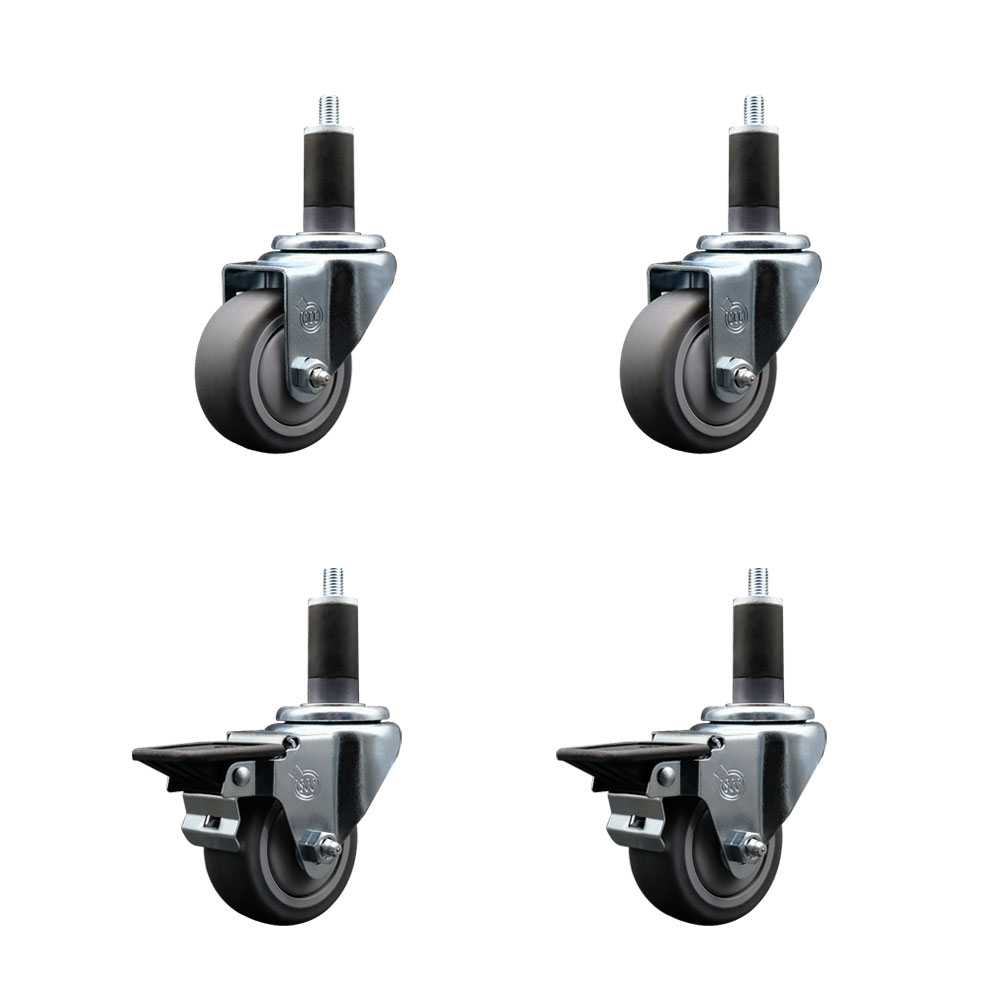 Thermoplastic Rubber Swivel Expanding Stem Caster Set of 4 with 3 Inch Gray Wheels and 1-1/4" Stems - Includes 2 with Posi Locking Brakes - 840 lbs Total Capacity - Service Caster Brand — photo 1