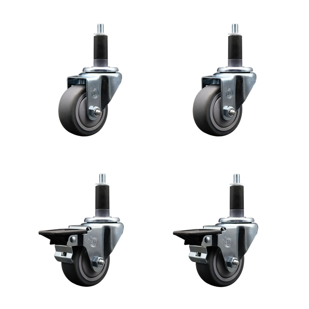 Thermoplastic Rubber Swivel Expanding Stem Caster Set of 4 with 3 Inch Gray Wheels and 1-1/8" Stems - Includes 2 with Posi Locking Brakes - 840 lbs Total Capacity - Service Caster Brand — photo 1