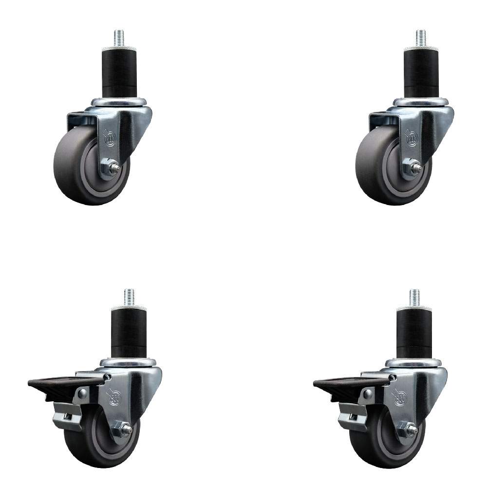 Thermoplastic Rubber Swivel Expanding Stem Caster Set of 4 with 3 Inch Gray Wheels and 1-3/4" Stems - Includes 2 with Posi Locking Brakes - 840 lbs Total Capacity - Service Caster Brand — photo 1
