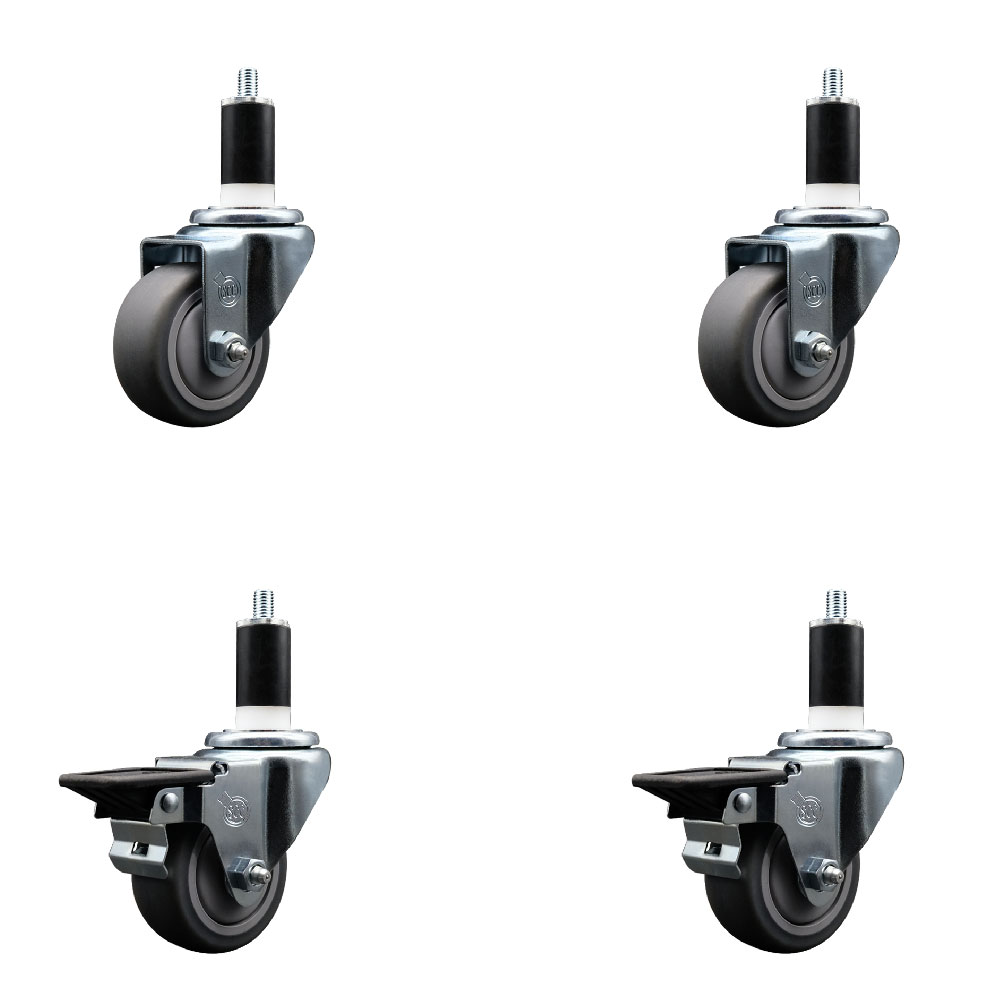 Thermoplastic Rubber Swivel Expanding Stem Caster Set of 4 with 3 Inch Gray Wheels and 1-3/8" Stems - Includes 2 with Posi Locking Brakes - 840 lbs Total Capacity - Service Caster Brand — photo 1
