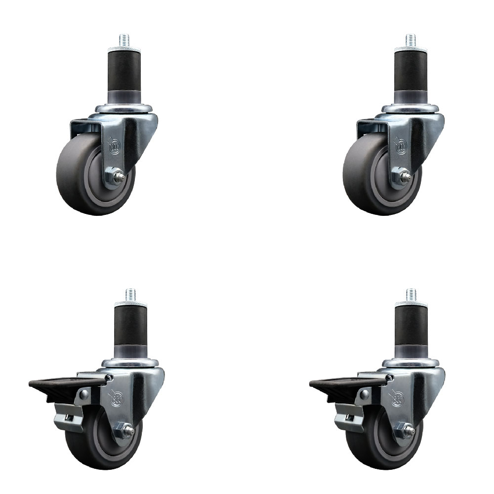 Thermoplastic Rubber Swivel Expanding Stem Caster Set of 4 with 3 Inch Gray Wheels and 1-5/8" Stems - Includes 2 with Posi Locking Brakes - 840 lbs Total Capacity - Service Caster Brand — photo 1