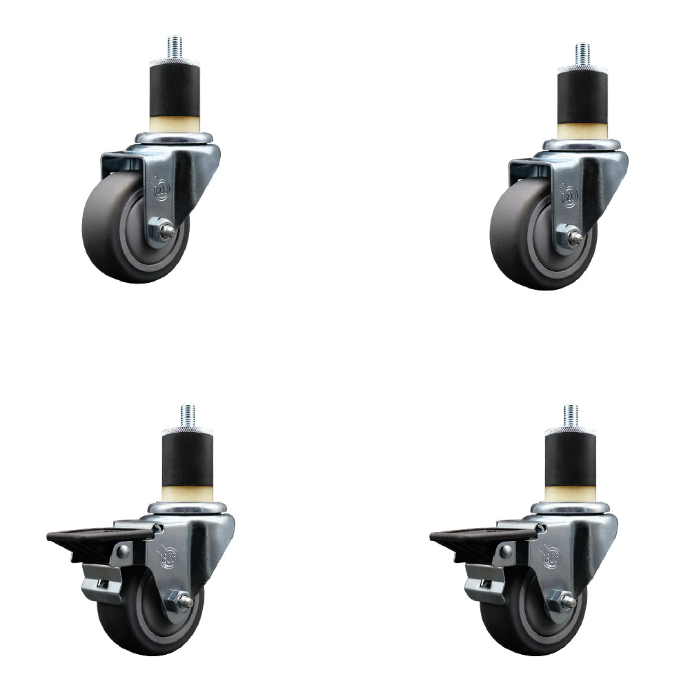 Thermoplastic Rubber Swivel Expanding Stem Caster Set of 4 with 3 Inch Gray Wheels and 1-7/8" Stems - Includes 2 with Posi Locking Brakes - 840 lbs Total Capacity - Service Caster Brand — photo 1