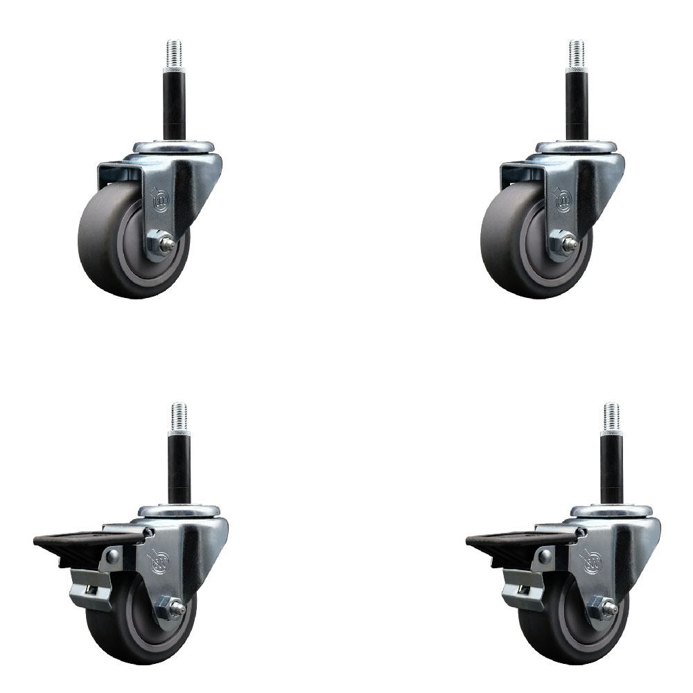 Thermoplastic Rubber Swivel Expanding Stem Caster Set of 4 with 3 Inch Gray Wheels and 3/4" Stems - Includes 2 with Posi Locking Brakes - 840 lbs Total Capacity - Service Caster Brand — photo 1