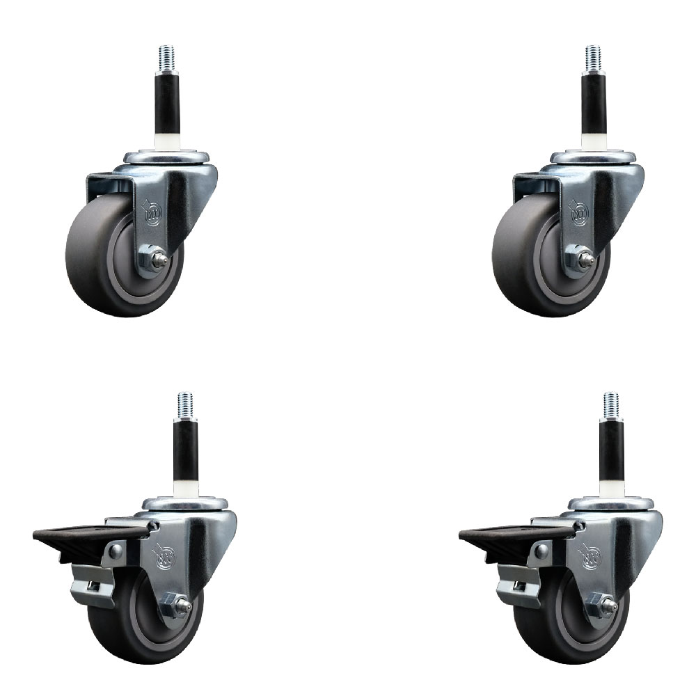 Thermoplastic Rubber Swivel Expanding Stem Caster Set of 4 with 3 Inch Gray Wheels and 7/8" Stems - Includes 2 with Posi Locking Brakes - 840 lbs Total Capacity - Service Caster Brand — photo 1