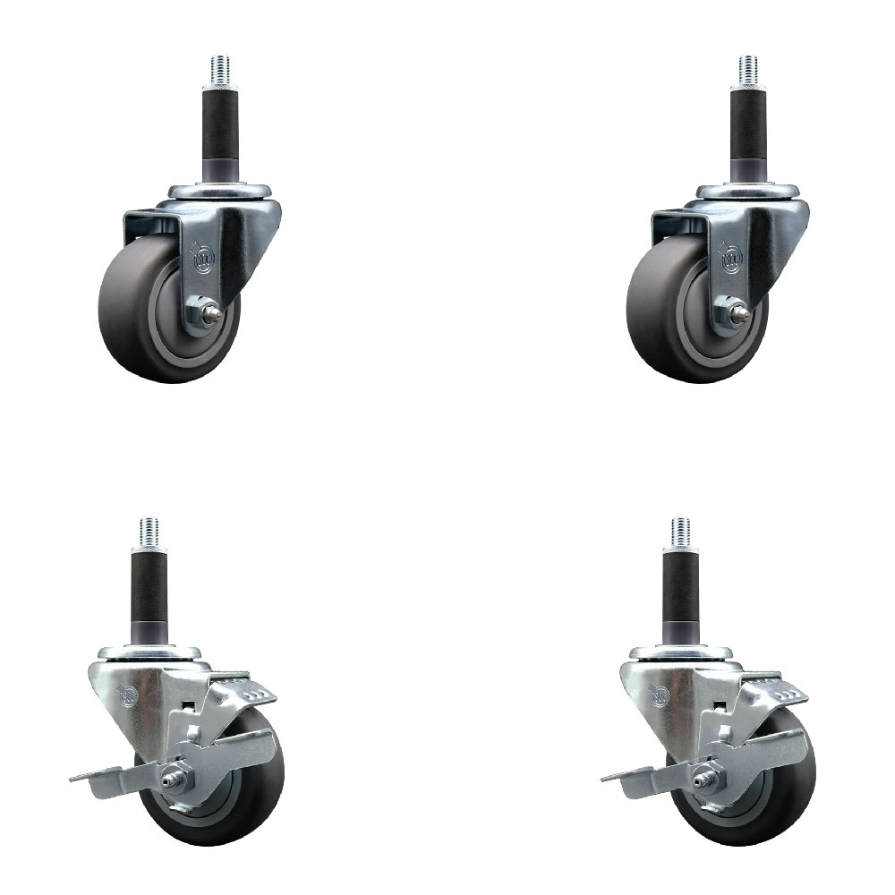 Stainless Steel Thermoplastic Rubber Swivel Expanding Stem Caster Set of 4 with 3 Inch Gray Wheels and 1" Stems - Includes 2 with Top Locking Brakes - 840 lbs Total Capacity - Service Caster Brand — photo 1