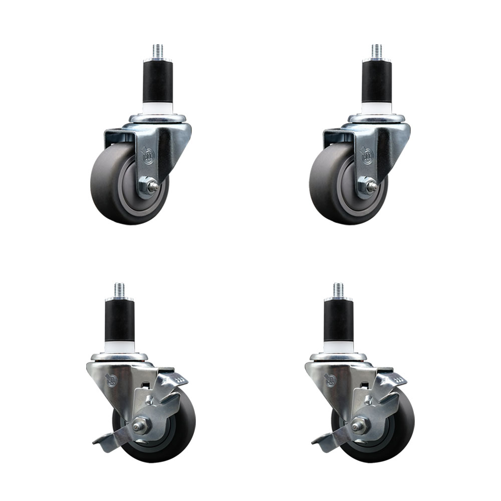 Stainless Steel Thermoplastic Rubber Swivel Expanding Stem Caster Set of 4 with 3 Inch Gray Wheels and 1-1/2" Stems - Includes 2 with Top Locking Brakes - 840 lbs Total Capacity - Service Caster Brand — photo 1