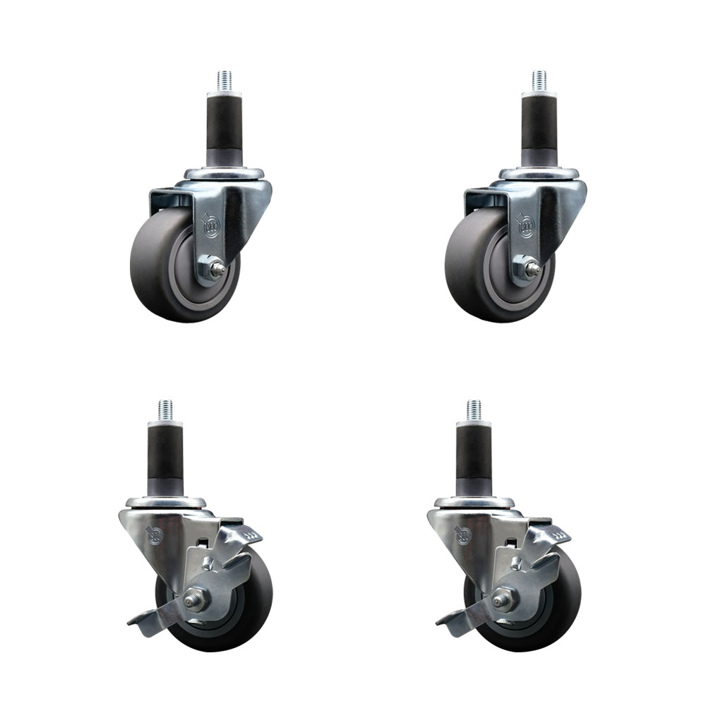 Thermoplastic Rubber Swivel Expanding Stem Caster Set of 4 with 3 Inch Gray Wheels and 1-1/4" Stems - Includes 2 with Top Locking Brakes - 840 lbs Total Capacity - Service Caster Brand — photo 1