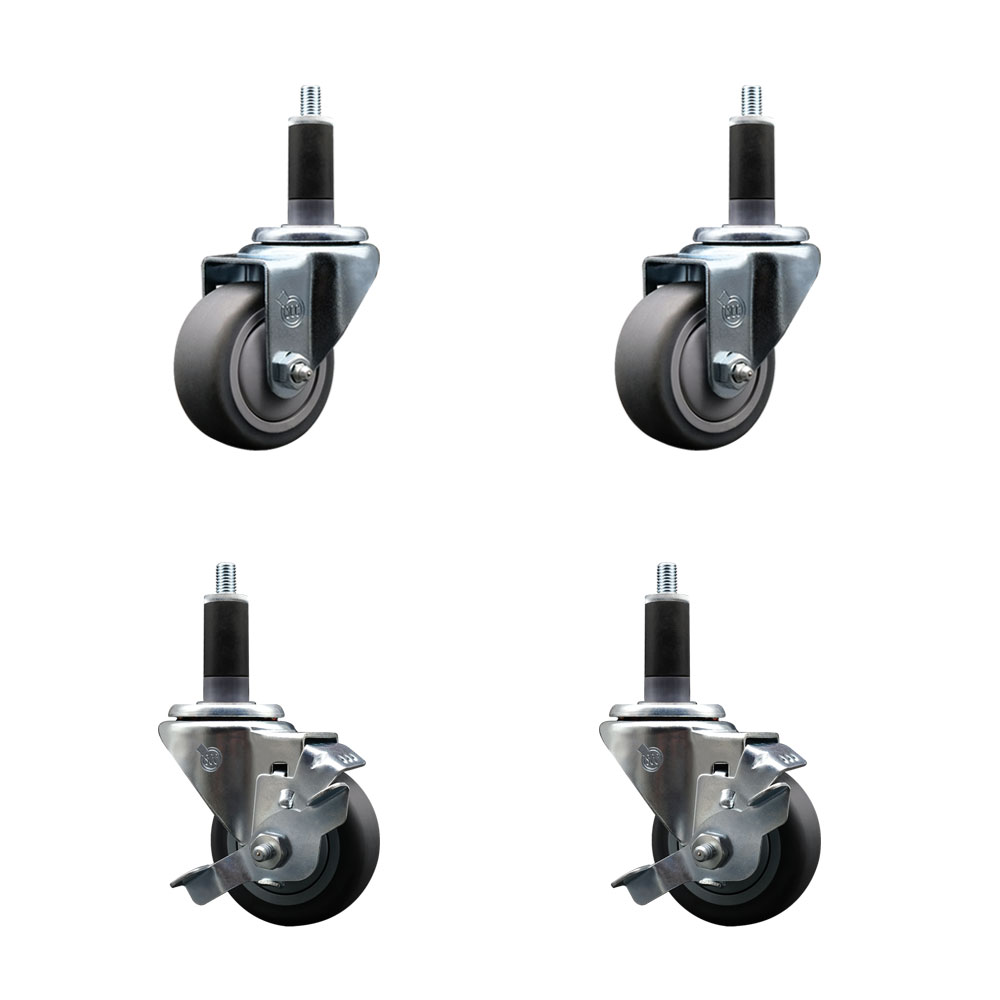Stainless Steel Thermoplastic Rubber Swivel Expanding Stem Caster Set of 4 with 3 Inch Gray Wheels and 1-1/8" Stems - Includes 2 with Top Locking Brakes - 840 lbs Total Capacity - Service Caster Brand — photo 1