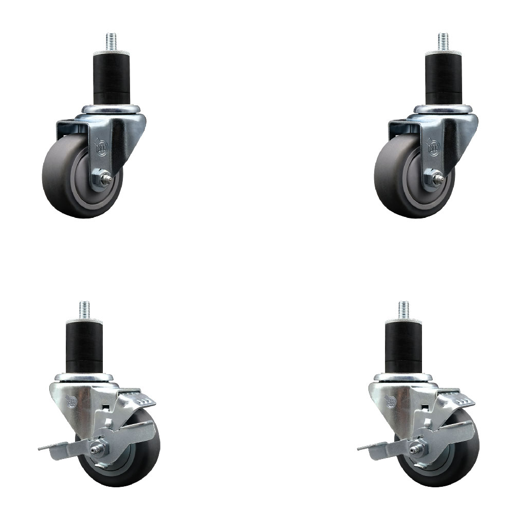 Thermoplastic Rubber Swivel Expanding Stem Caster Set of 4 with 3 Inch Gray Wheels and 1-3/4" Stems - Includes 2 with Top Locking Brakes - 840 lbs Total Capacity - Service Caster Brand — photo 1
