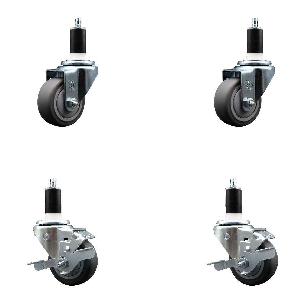 Stainless Steel Thermoplastic Rubber Swivel Expanding Stem Caster Set of 4 with 3 Inch Gray Wheels and 1-3/8" Stems - Includes 2 with Top Locking Brakes - 840 lbs Total Capacity - Service Caster Brand — photo 1