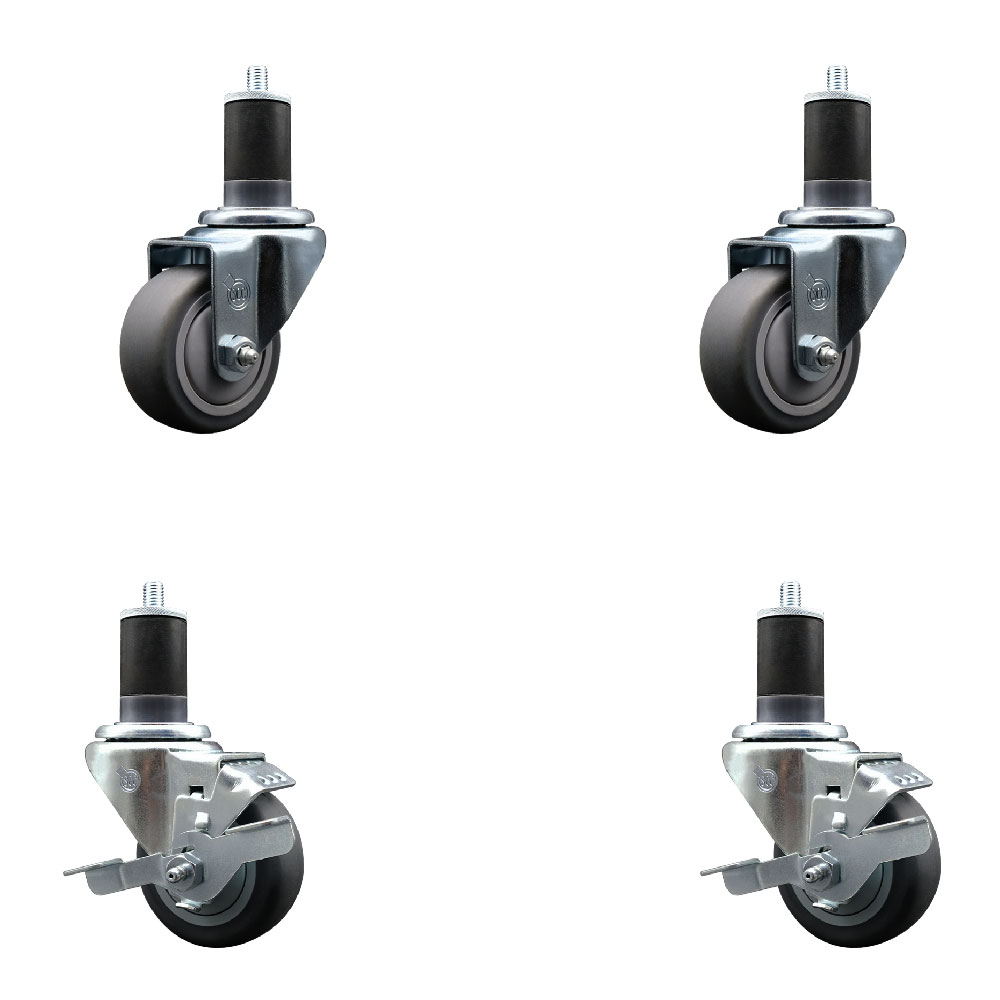 Thermoplastic Rubber Swivel Expanding Stem Caster Set of 4 with 3 Inch Gray Wheels and 1-5/8" Stems - Includes 2 with Top Locking Brakes - 840 lbs Total Capacity - Service Caster Brand — photo 1