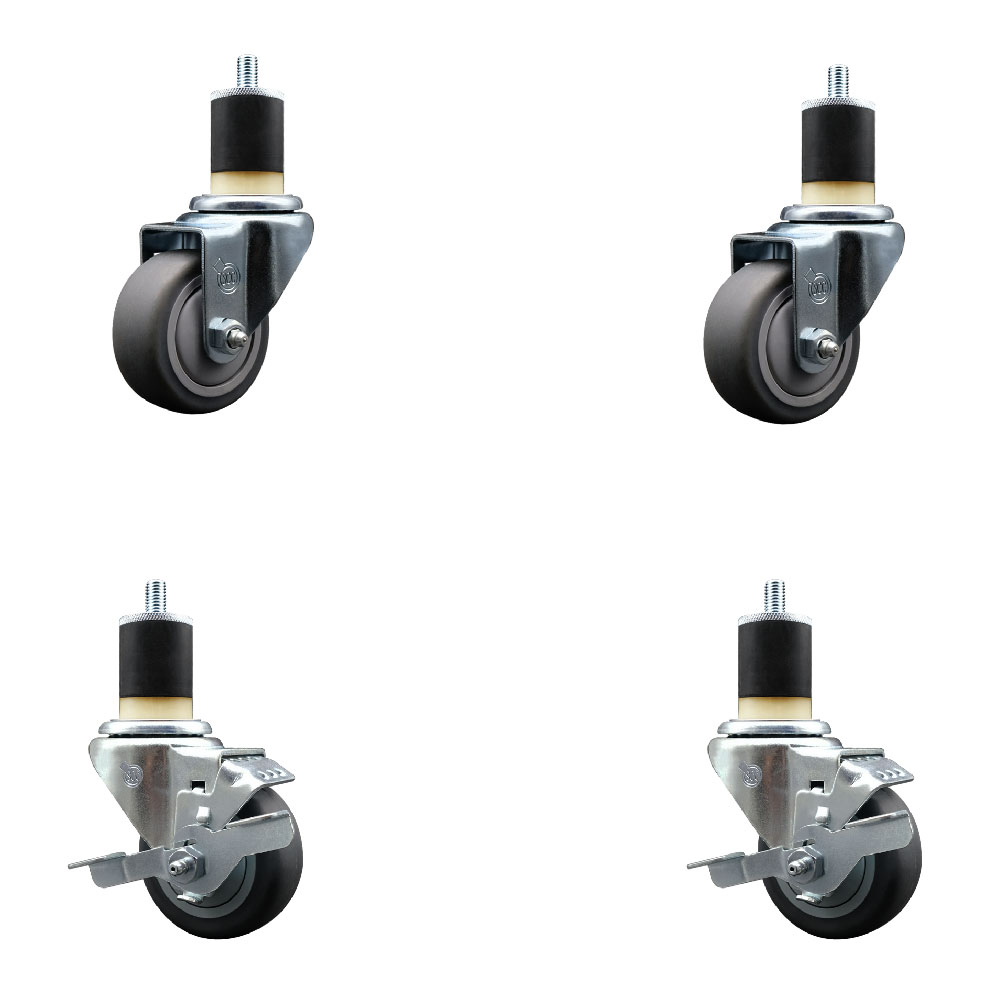 Stainless Steel Thermoplastic Rubber Swivel Expanding Stem Caster Set of 4 with 3 Inch Gray Wheels and 1-7/8" Stems - Includes 2 with Top Locking Brakes - 840 lbs Total Capacity - Service Caster Brand — photo 1