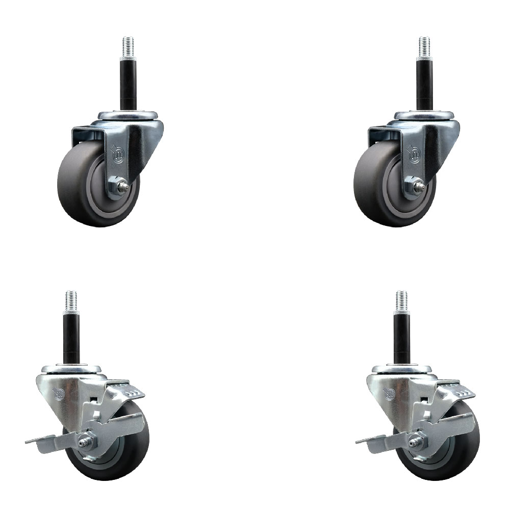 Stainless Steel Thermoplastic Rubber Swivel Expanding Stem Caster Set of 4 with 3 Inch Gray Wheels and 3/4" Stems - Includes 2 with Top Locking Brakes - 840 lbs Total Capacity - Service Caster Brand — photo 1