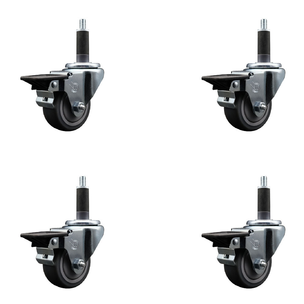 Thermoplastic Rubber Swivel Expanding Stem Caster Set of 4 with 3 Inch Gray Wheels and 1" Stems - Includes 4 Swivel with Posi Locking Brakes - 210 lbs. Capacity Per Caster - Service Caster Brand — photo 1