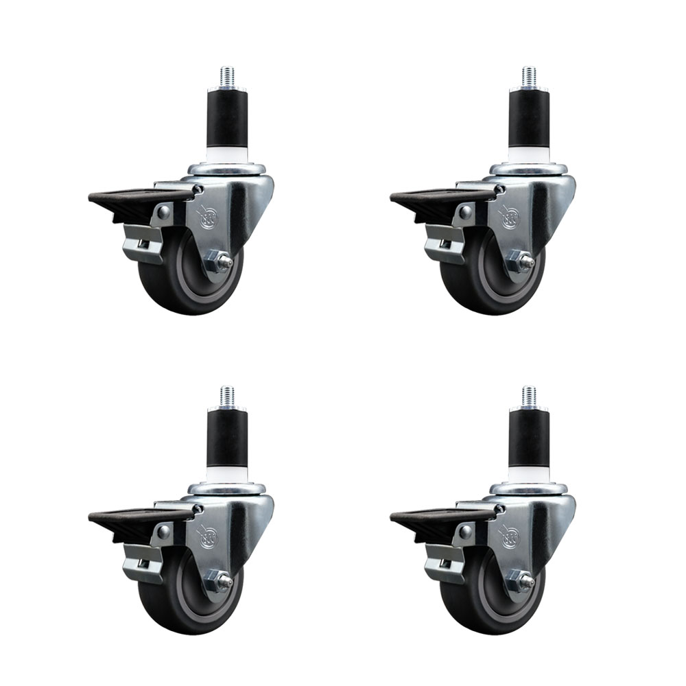 Thermoplastic Rubber Swivel Expanding Stem Caster Set of 4 with 3 Inch Gray Wheels and 1-1/2" Stems - Includes 4 Swivel with Posi Locking Brakes - 210 lbs. Capacity Per Caster - Service Caster Brand — photo 1