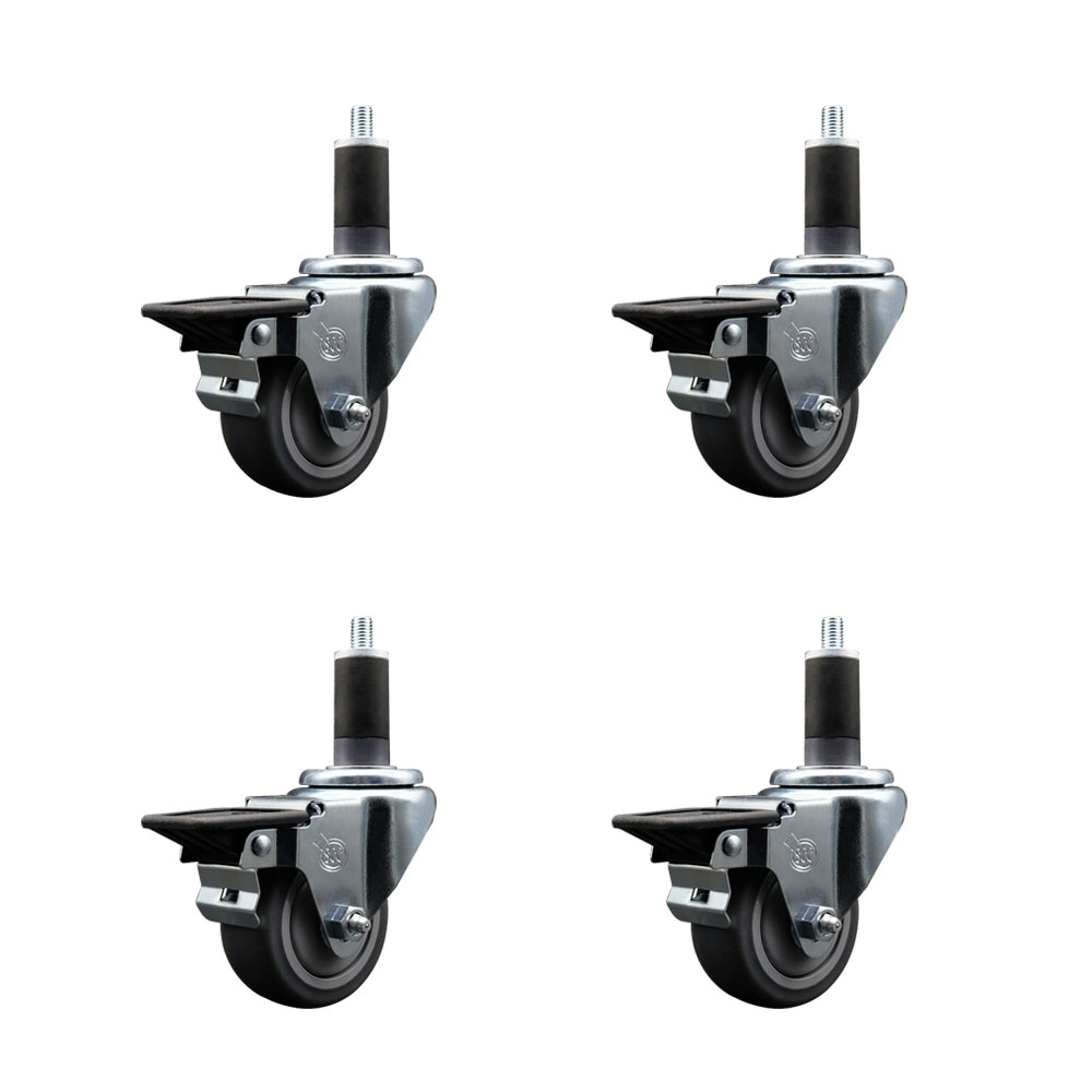 Thermoplastic Rubber Swivel Expanding Stem Caster Set of 4 with 3 Inch Gray Wheels and 1-1/4" Stems - Includes 4 Swivel with Posi Locking Brakes - 210 lbs. Capacity Per Caster - Service Caster Brand — photo 1