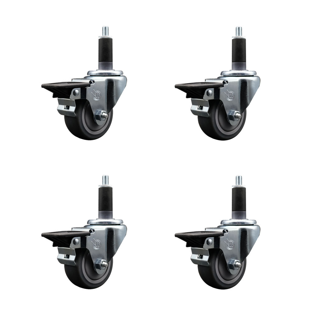 Thermoplastic Rubber Swivel Expanding Stem Caster Set of 4 with 3 Inch Gray Wheels and 1-1/8" Stems - Includes 4 Swivel with Posi Locking Brakes - 210 lbs. Capacity Per Caster - Service Caster Brand — photo 1