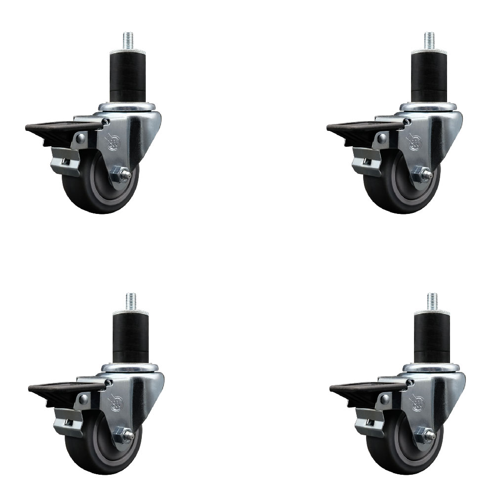 Thermoplastic Rubber Swivel Expanding Stem Caster Set of 4 with 3 Inch Gray Wheels and 1-3/4" Stems - Includes 4 Swivel with Posi Locking Brakes - 210 lbs. Capacity Per Caster - Service Caster Brand — photo 1