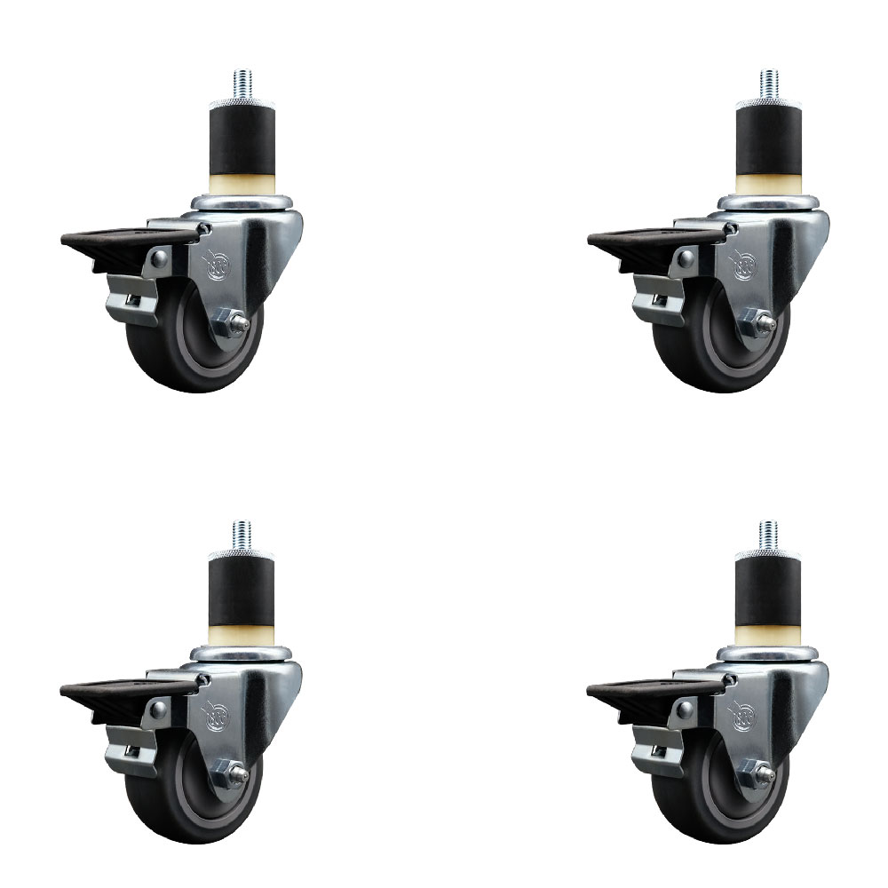 Thermoplastic Rubber Swivel Expanding Stem Caster Set of 4 with 3 Inch Gray Wheels and 1-7/8" Stems - Includes 4 Swivel with Posi Locking Brakes - 210 lbs. Capacity Per Caster - Service Caster Brand — photo 1