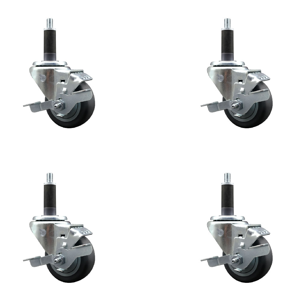 Stainless Steel Thermoplastic Rubber Swivel Expanding Stem Caster Set of 4 with 3 Inch Gray Wheels and 1" Stems - 4 Swivel with Top Locking Brakes - 210 lbs. Capacity Per Caster - Service Caster Brand — photo 1