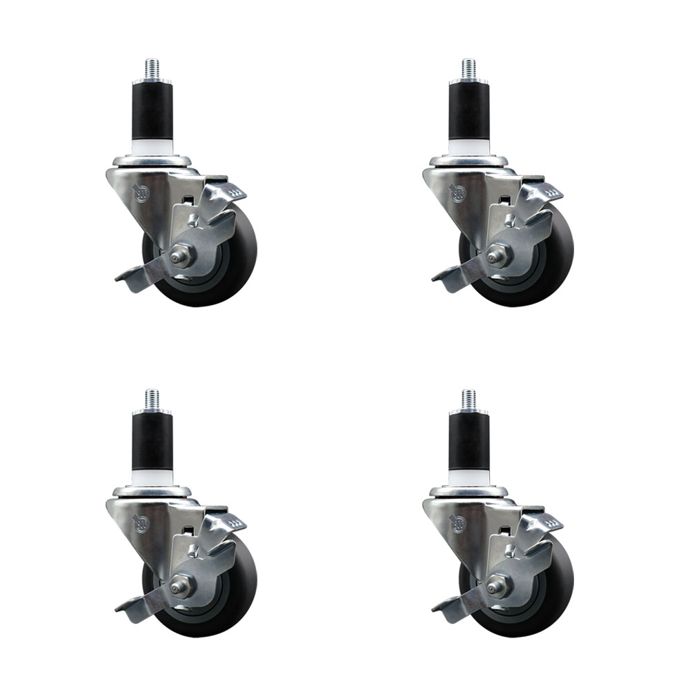 Stainless Steel Thermoplastic Rubber Swivel Expanding Stem Caster Set of 4 with 3 Inch Gray Wheels and 1-1/2" Stems-4 Swivel with Top Locking Brakes-210 lbs. Capacity Per Caster-Service Caster Brand — photo 1