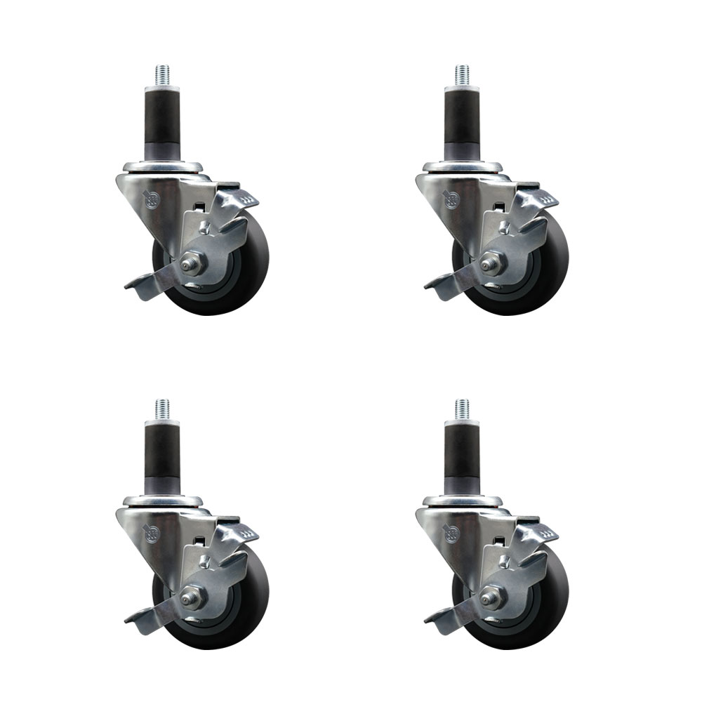 Stainless Steel Thermoplastic Rubber Swivel Expanding Stem Caster Set of 4 with 3 Inch Gray Wheels and 1-1/4" Stems-4 Swivel with Top Locking Brakes-210 lbs. Capacity Per Caster-Service Caster Brand — photo 1