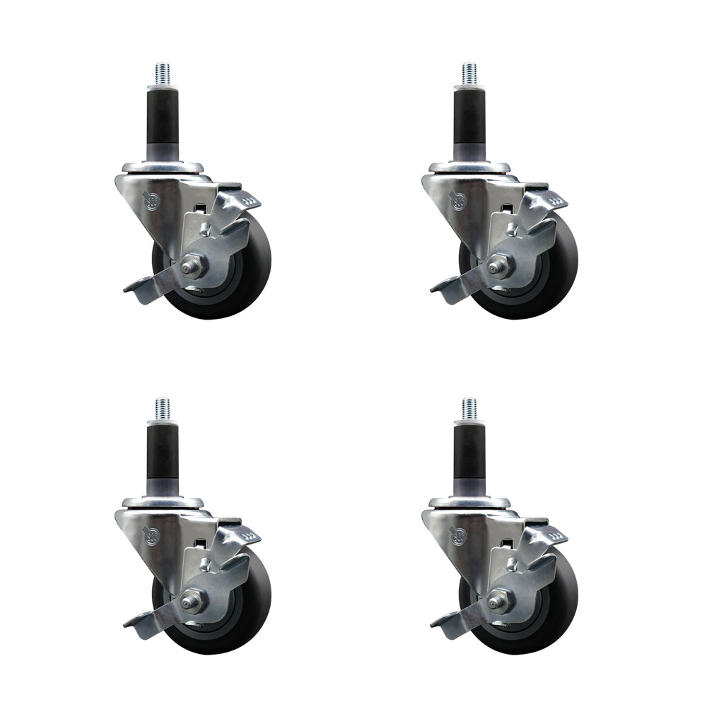 Stainless Steel Thermoplastic Rubber Swivel Expanding Stem Caster Set of 4 with 3 Inch Gray Wheels and 1-1/8" Stems-4 Swivel with Top Locking Brakes-210 lbs. Capacity Per Caster-Service Caster Brand — photo 1
