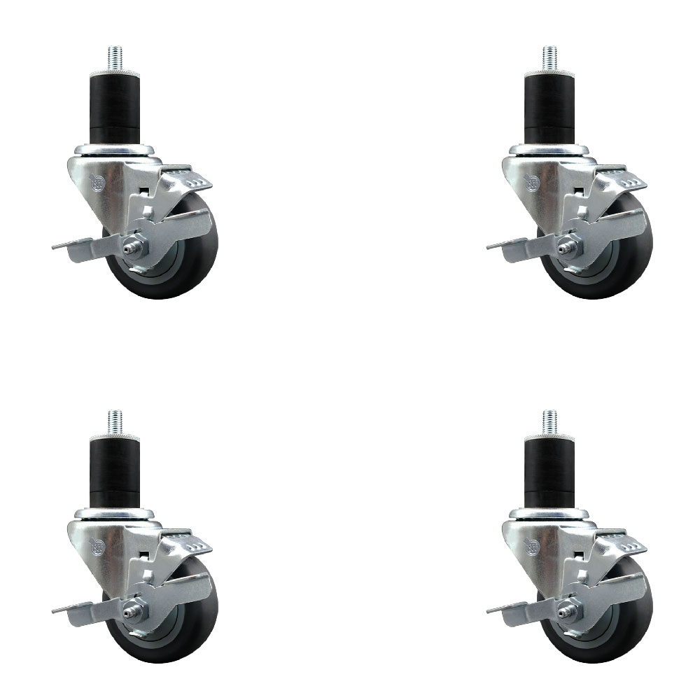 Stainless Steel Thermoplastic Rubber Swivel Expanding Stem Caster Set of 4 with 3 Inch Gray Wheels and 1-3/4" Stems-4 Swivel with Top Locking Brakes-210 lbs. Capacity Per Caster-Service Caster Brand — photo 1