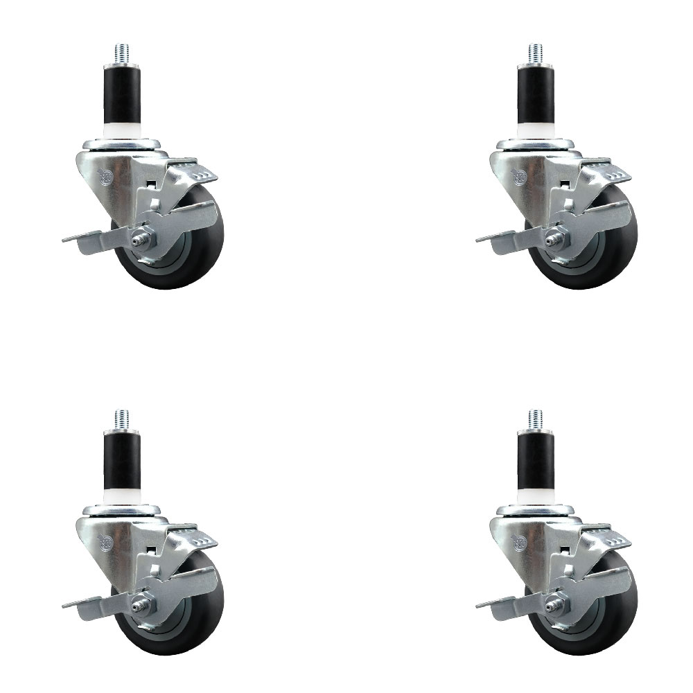 Stainless Steel Thermoplastic Rubber Swivel Expanding Stem Caster Set of 4 with 3 Inch Gray Wheels and 1-3/8" Stems-4 Swivel with Top Locking Brakes-210 lbs. Capacity Per Caster-Service Caster Brand — photo 1