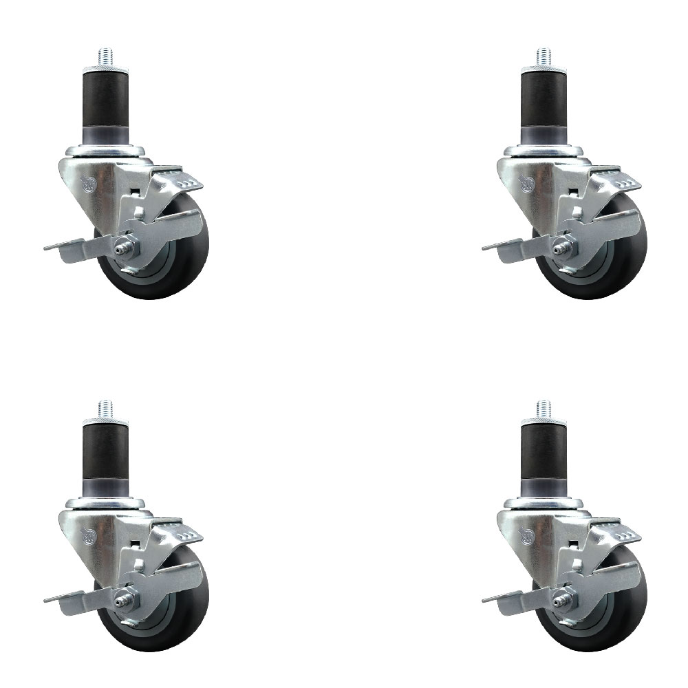 Stainless Steel Thermoplastic Rubber Swivel Expanding Stem Caster Set of 4 with 3 Inch Gray Wheels and 1-5/8" Stems-4 Swivel with Top Locking Brakes-210 lbs. Capacity Per Caster-Service Caster Brand — photo 1
