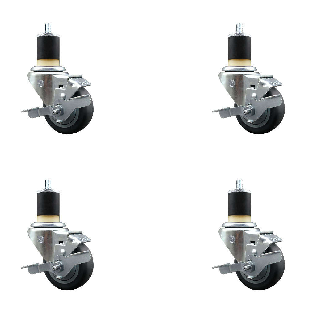 Stainless Steel Thermoplastic Rubber Swivel Expanding Stem Caster Set of 4 with 3 Inch Gray Wheels and 1-7/8" Stems-4 Swivel with Top Locking Brakes-210 lbs. Capacity Per Caster-Service Caster Brand — photo 1