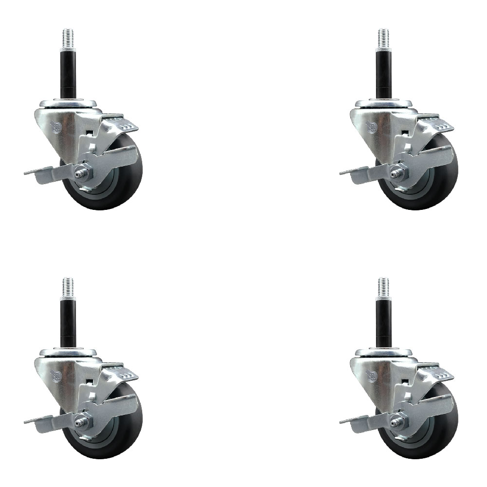 Stainless Steel Thermoplastic Rubber Swivel Expanding Stem Caster Set of 4 with 3 Inch Gray Wheels and 3/4" Stems-4 Swivel with Top Locking Brakes-210 lbs. Capacity Per Caster-Service Caster Brand — photo 1