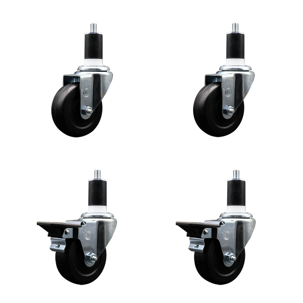 Hard Rubber Swivel Expanding Stem Caster Set of 4 w/3.5" x 1.25" Black Wheels and 1-1/2" Stems - Includes 2 with Posi Locking Brake - 1140 lbs Total Capacity - Service Caster Brand — photo 1