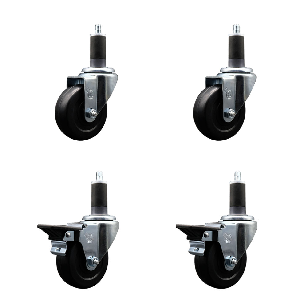 Soft Rubber Swivel Expanding Stem Caster Set of 4 with 3.5 Inch Black Wheels and 1-1/4" Stems - Includes 2 with Posi Locking Brakes - 800 lbs Total Capacity - Service Caster Brand — photo 1
