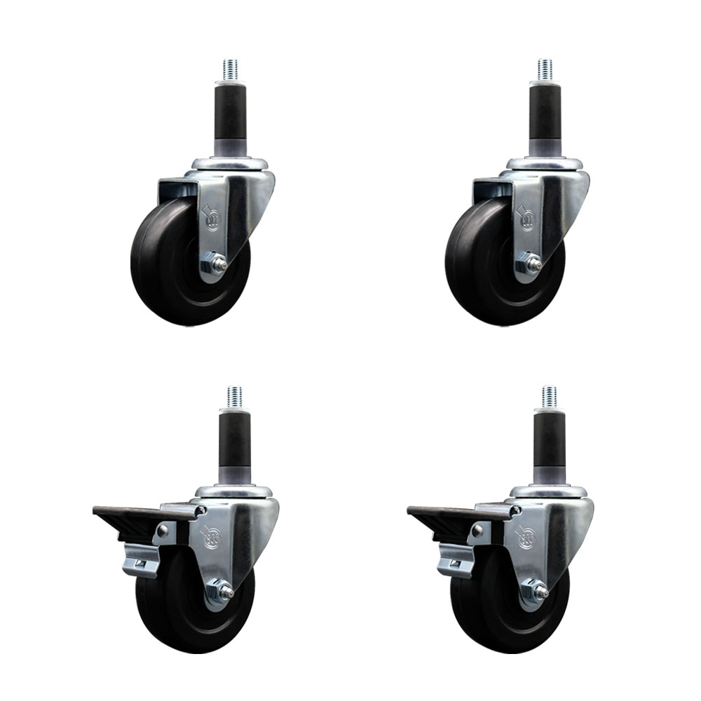 Soft Rubber Swivel Expanding Stem Caster Set of 4 with 3.5 Inch Black Wheels and 1-1/8" Stems - Includes 2 with Posi Locking Brakes - 800 lbs Total Capacity - Service Caster Brand — photo 1
