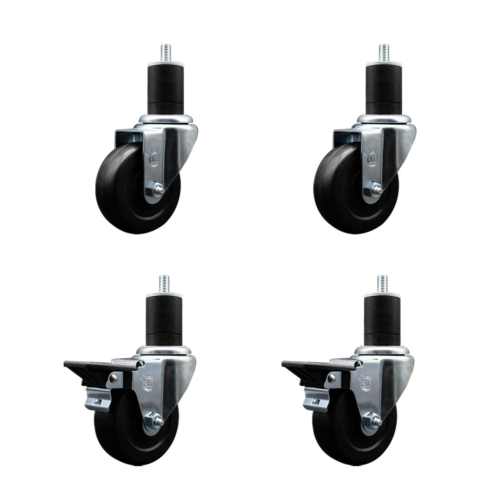 Hard Rubber Swivel Expanding Stem Caster Set of 4 w/3.5" x 1.25" Black Wheels and 1-3/4" Stems - Includes 2 with Posi Locking Brake - 1140 lbs Total Capacity - Service Caster Brand — photo 1