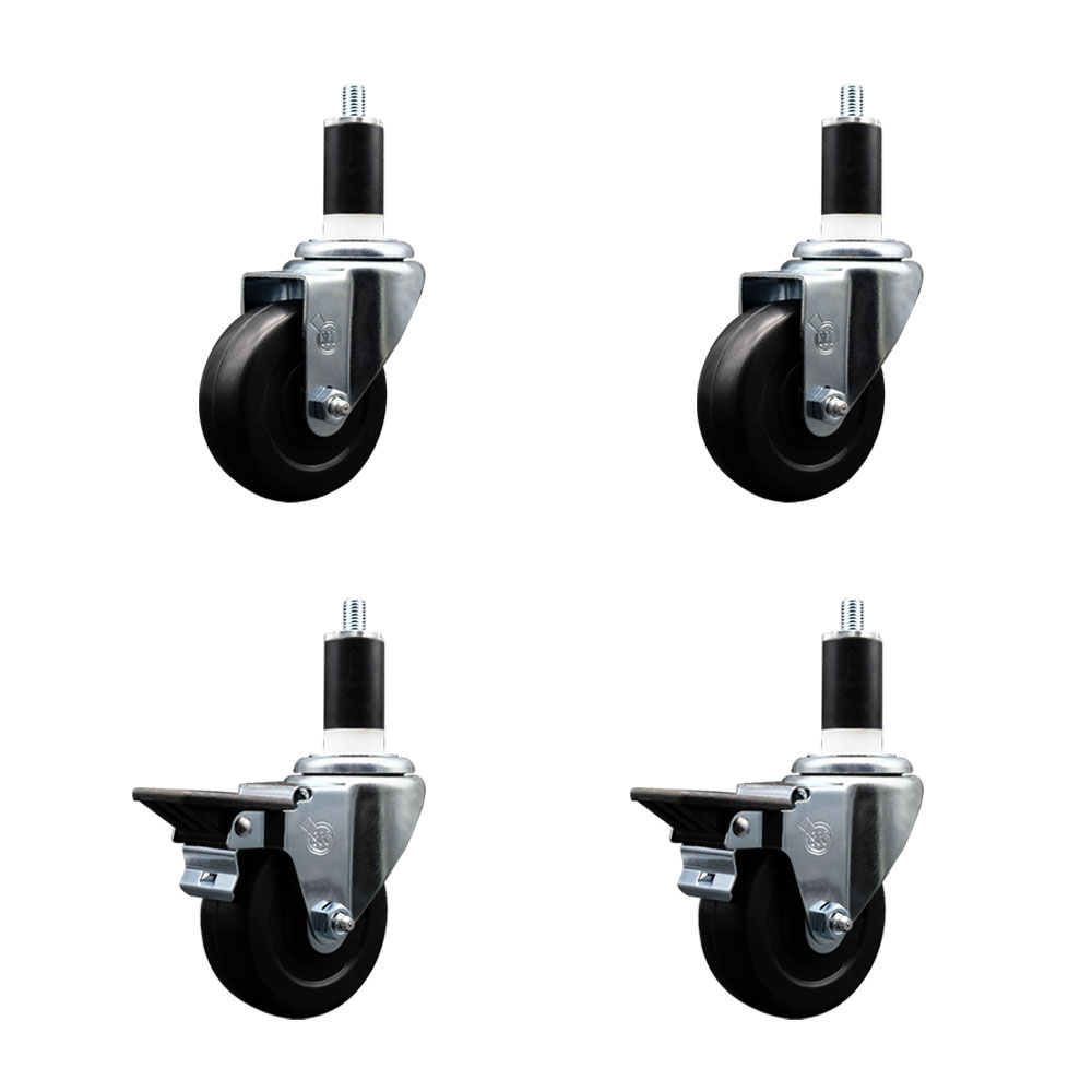 Soft Rubber Swivel Expanding Stem Caster Set of 4 with 3.5 Inch Black Wheels and 1-3/8" Stems - Includes 2 with Posi Locking Brakes - 800 lbs Total Capacity - Service Caster Brand — photo 1