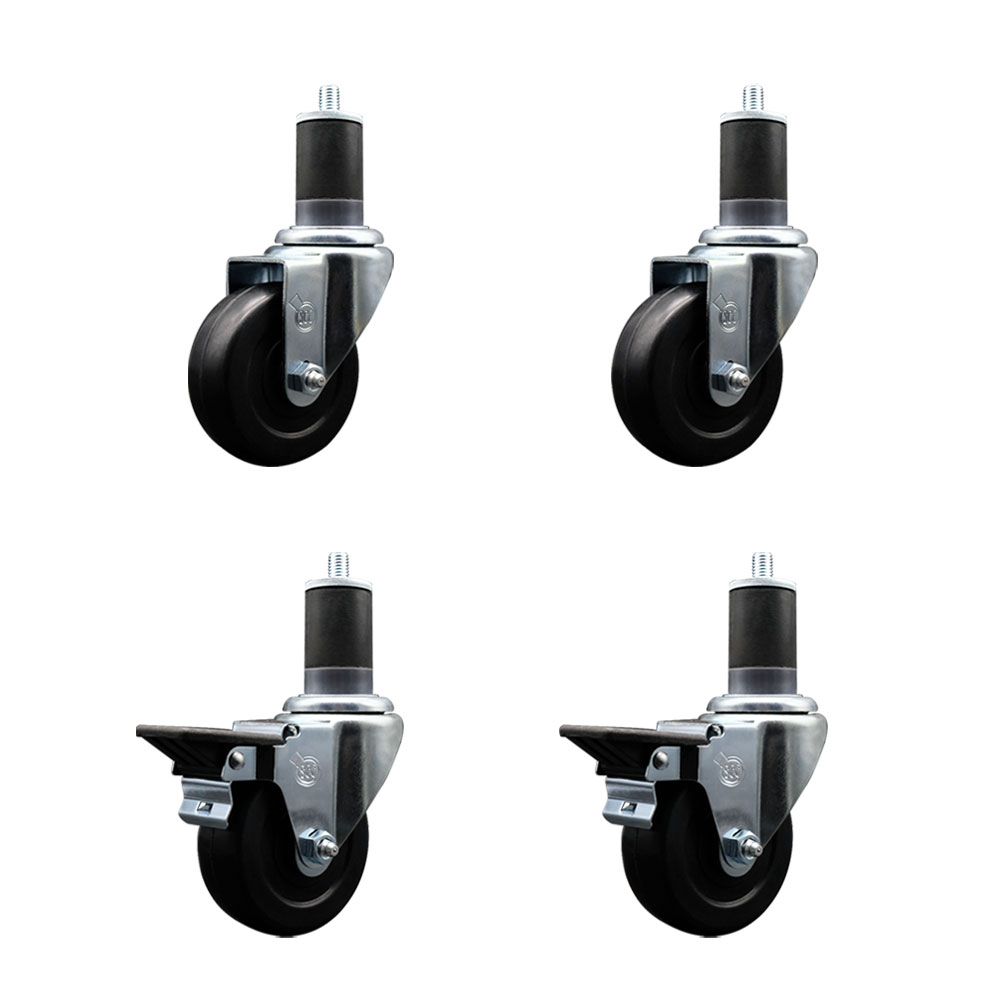 Soft Rubber Swivel Expanding Stem Caster Set of 4 with 3.5 Inch Black Wheels and 1-5/8" Stems - Includes 2 with Posi Locking Brakes - 800 lbs Total Capacity - Service Caster Brand — photo 1