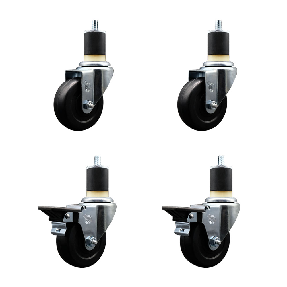 Soft Rubber Swivel Expanding Stem Caster Set of 4 with 3.5 Inch Black Wheels and 1-7/8" Stems - Includes 2 with Posi Locking Brakes - 800 lbs Total Capacity - Service Caster Brand — photo 1