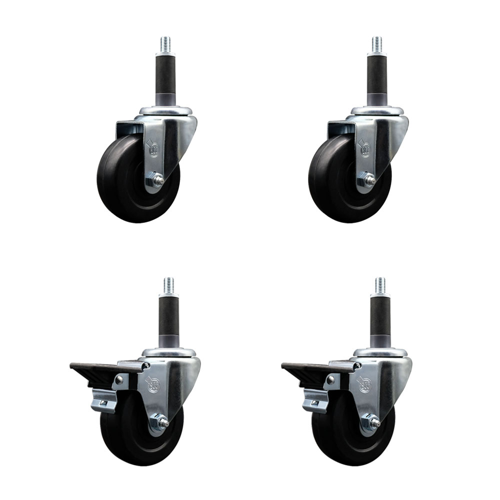Hard Rubber Swivel Expanding Stem Caster Set of 4 w/3.5" x 1.25" Black Wheels and 1" Stems - Includes 2 with Posi Locking Brake - 1140 lbs Total Capacity - Service Caster Brand — photo 1