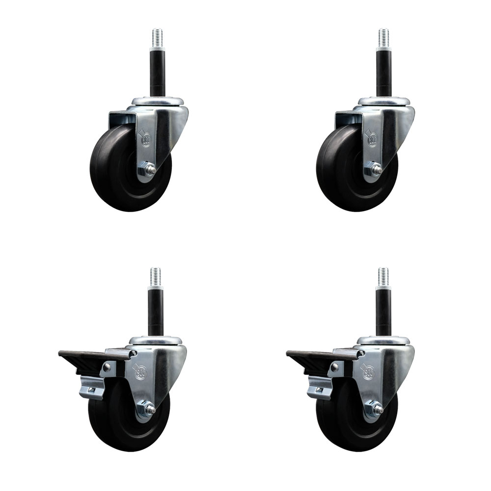 Soft Rubber Swivel Expanding Stem Caster Set of 4 with 3.5 Inch Black Wheels and 3/4" Stems - Includes 2 with Posi Locking Brakes - 800 lbs Total Capacity - Service Caster Brand — photo 1